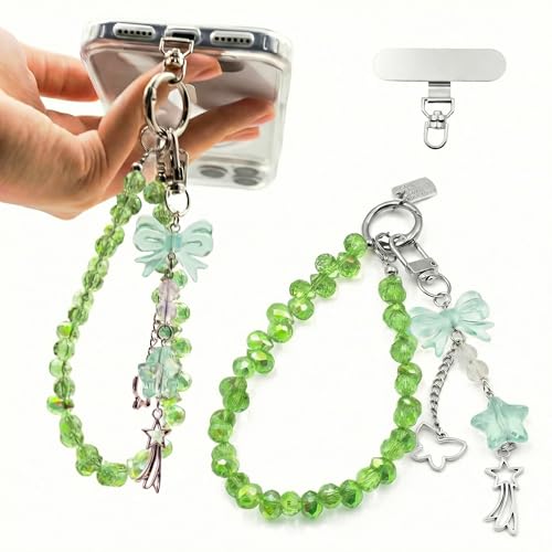 Crystal Beaded Phone Wrist Strap, Cute Cellphone Lanyard Chain, Bow Keychain Wristlet Bag Charms for Women - color: Green