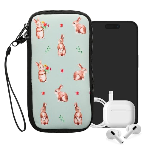 kwmobile Neoprene Sleeve for Smartphone Size XXL - 7" - Shock Absorbing Pouch Case - Protective Phone Bag - Rabbits and Flowers White/Brown/Gray Green - style: Rabbits and Flowers 02-05-172