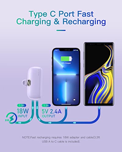 Kuulaa Portable Charger with Built-in Lightning Cable 5000mAh Small iPhone Fast Charging Mini Portable Phone Charger for iPhone 14/13/13 Pro/12/12 Pro/11/XR/XS/X/8/7/6, Purple - color: Purple