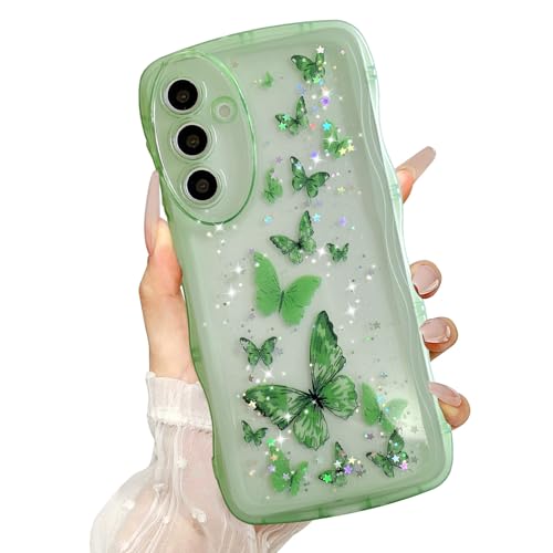 UEEBAI Wave Butterfly Case for Samsung Galaxy A16 4G/5G Case, Pretty Bling Star Butterfly for Women Cute Shiny Glitter Phone Cover for Girls Bling Clear Cover Curly Shockproof Girly - Green - color: Green, size: A16 4G/5G