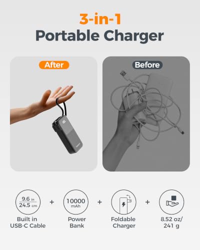 TESSAN Portable Charger Power Bank 10000mAh,3-in-1 Built in 30W USB C Cable