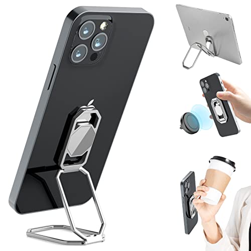 Phone Ring Holder Finger Kickstand, Upgraded 360° Rotation Metal Phone Grip for Magnetic Car Mount Foldable Cell Phone Stand Compatible with Most Smartphones - color: White Silver