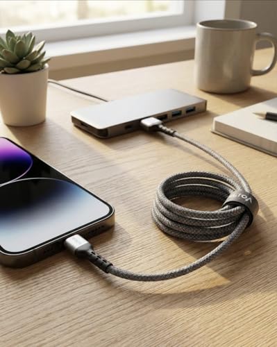 Voltix USB-A to Lightning Cable, 6A Super Fast Charging, 3.3 FT Braided Nylon, High-Speed Data Transfer, Compatible with iPhone 8, XR, 11, 12, 13 Series, Gray