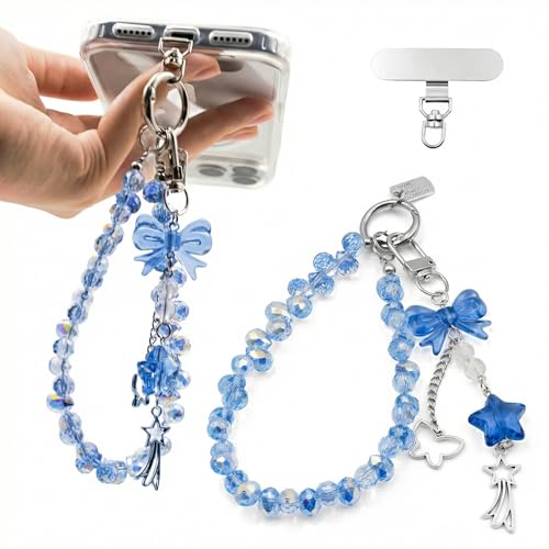 Crystal Beaded Phone Wrist Strap, Cute Cellphone Lanyard Chain, Bow Keychain Wristlet Bag Charms for Women - color: Bow/Blue