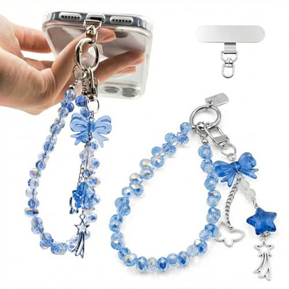 Crystal Beaded Phone Wrist Strap, Cute Cellphone Lanyard Chain, Bow Keychain Wristlet Bag Charms for Women - color: Bow/Blue