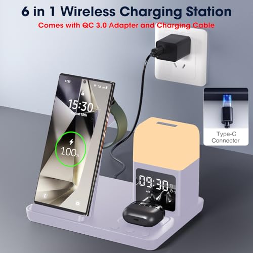 Wireless Charger for Samsung/Android, 6 in 1 Phone Nightstand Charging Station Charger with Alarm Clock/Night Light for Samsung S26/S25/S24 Ultra/Buds4,Watch Charger for Galaxy Watch 8/7/6/5 - color: Violet