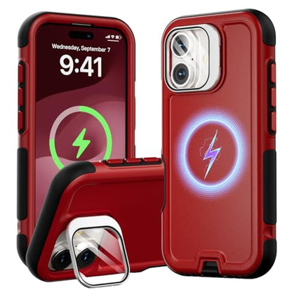 Follaroma Magnetic for iPhone 17 Case with Camera Stand, Red, 6.3" | Built-in Glass Camera Cover,Compatible with MagSafe,Heavy Duty Shockproof Protective,Military-Grade Anti-DropDual Layer Cover - color: Black Red, size: iPhone 17 6.3''