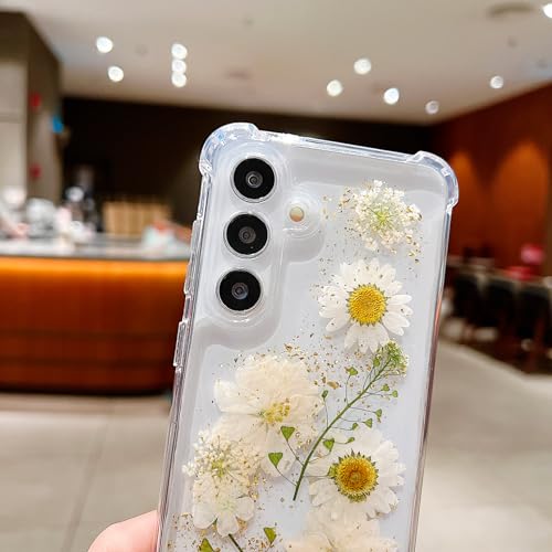 Compatible with Samsung Galaxy S23 Plus Case Cute Pressed Dried Real Flowers Design Women Girly Shockproof Glitter Floral Clear Phone Cover S23+ (White Flower) - color: White Flower, size: Samsung S23 Plus