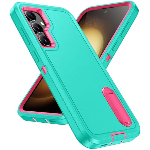 for Samsung Galaxy S23 FE Case with Kickstand Case 3-Layer Military Grade Protective Case Cover Silicone Heavy Duty Rugged Shockproof for Galaxy S23 FE Phone Case (Cyan+Rose Red) - color: Cyan+Rose Red