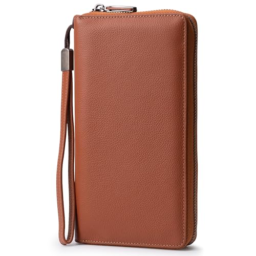 Bveyzi Women RFID Blocking Wallet Leather Zip Around Phone Clutch Large Capacity Ladies Travel Purse Wristlet - color: Brown