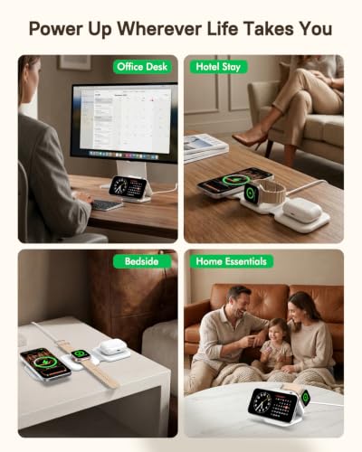 15W Magnetic Travel Charging Station, 3-in-1 Foldable MagSafe Charger - color: White