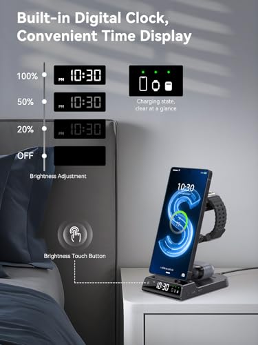 Wireless Charger for Samsung S25 with Clock 3 in 1 Android Charging Station - color: Black