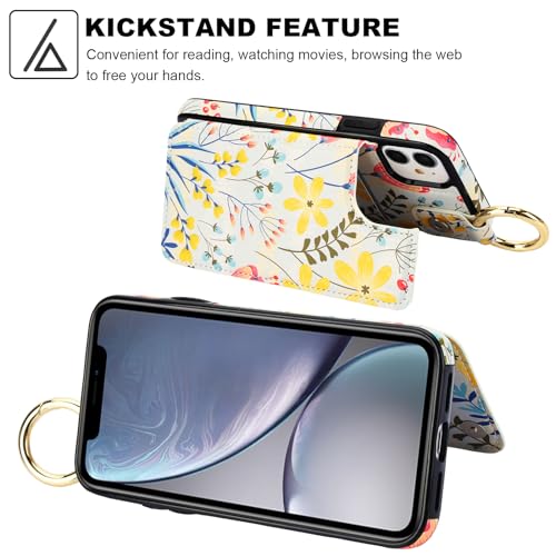 HAOPINSH for iPhone 11 Wallet Case with Card Holder, Floral Flower Print Back Flip Folio PU Leather Kickstand Card Slots Case, Finger Grip Ring Double Magnetic Clasp Shockproof 6.1" - color: Floral Flower Grip Ring
