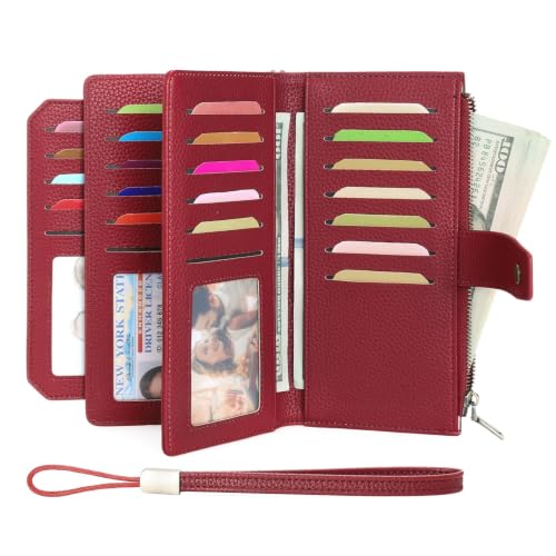 GAEKEAO Womens Wallet RFID Blocking Large Capacity Vegan Leather Card Holder Wristlet Clutch with 32 Card Slots 4 ID Windows - color: X03-Wine Red