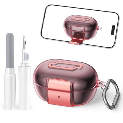 for Bose New QuietComfort Earbuds Case (2024), TPU Protective Cover with Phone Holder Stand & Double Safety Lock, Supports Wireless Charging, Includes Carabiner and Cleaning Pen (Transparent Pink) - color: Transparent Pink