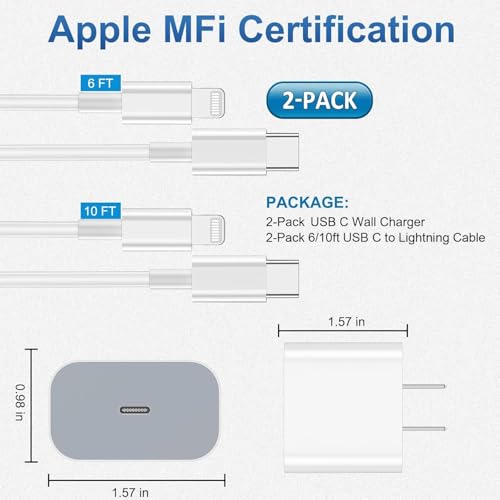 iPhone Charger Fast Charging, USB C Charger Block, 6FT/10FT Lightning Cable - color: White
