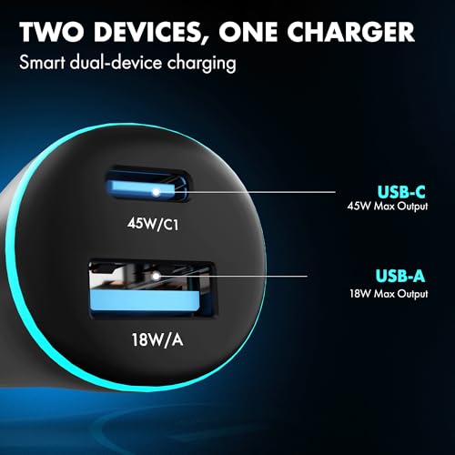 PD 45W superfast Wozoyo Charging 2.0 Car Charger with Type C & USB A,Power Delivery, PPS & QC 3.0, Dual Port (45W + 18W), 12V–24V Compatible, Multi-Layer Protection, 2-Years Manufacturer Warranty