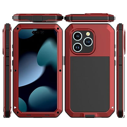 Compatiable with iPhone 15 Pro Case,360 Full Body Protective Cover Heavy Duty Shockproof Tough Armour Aluminum Alloy Metal Case with Silicone Built-in Screen Protector - Red - color: Red
