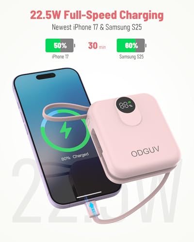 Small Portable Charger with Built-in Cables,22.5W Fast Charging Power Bank,USB-C Mini Battery Pack 10000mAh,Travel Essential Powerbank for iPhone Samsung Android MacBook iPad,Pink - color: pink