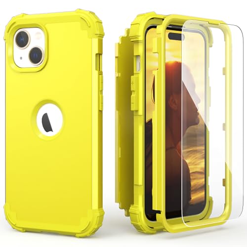 IDweel for iPhone 15 Case with Screen Protector,Luxury 3 in 1 Shockproof Slim Fit Hybrid Heavy Duty Protection Glitter Hard PC Cover Soft Silicone Bumper Full Body Case,Yellow - color: Yellow