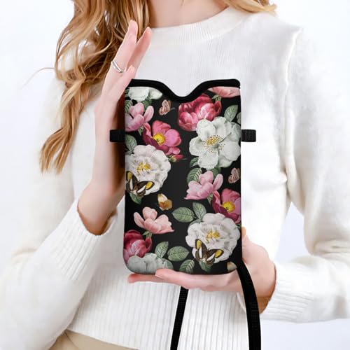 IRADA Neoprene Cell Phone Sleeve Pouch Case Bag with Crossbody Strap Neck Lanyard for Women Men 7.6 X 4.3 Inches-Black Floral Shockproof Universal Phone Bag - color: Black Floral-Phone Sleeve