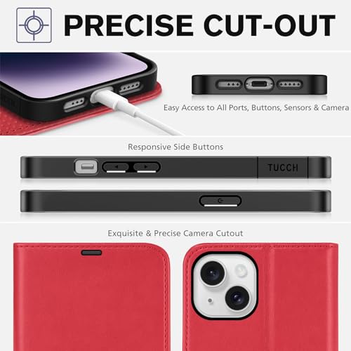 TUCCH Wallet Case for iPhone 14 (6.1") 2022, 4 Card Holders, Red | RFID Blocking, Viewing Stand, Shockproof TPU Shell, PU Leather, Magnetic Closure, Protective Folio Flip Cover - color: Red