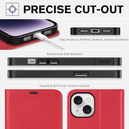 TUCCH Wallet Case for iPhone 14 (6.1") 2022, 4 Card Holders, Red | RFID Blocking, Viewing Stand, Shockproof TPU Shell, PU Leather, Magnetic Closure, Protective Folio Flip Cover - color: Red