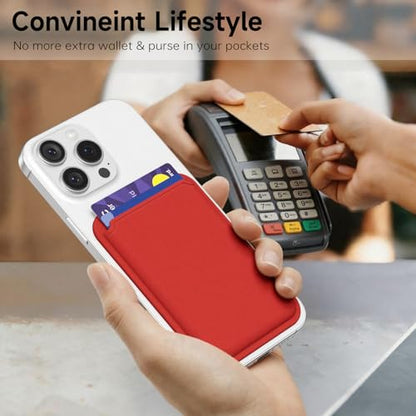 oakxco Magnetic Phone Wallet Stick On, Secure Phone Card Holder Silicone Compatible with Magsafe, Adhesive Pocket Sleeve ID Credit Card, Slim Thin Card Case, Compatible with iPhone Samsung, Red - color: Red