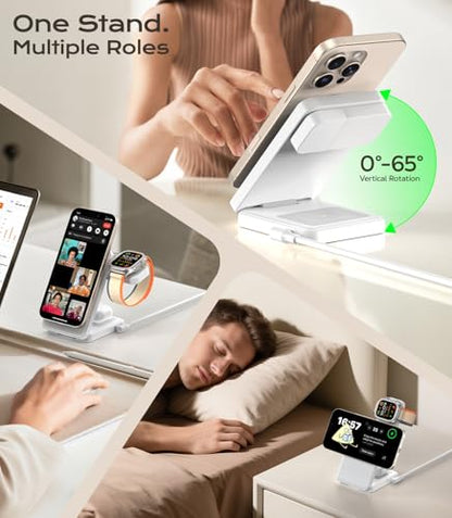 Meifigno 3 in 1 Foldable Wireless Charger for Apple Multiple Devices, White - color: White