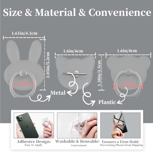3Pcs Adhesive Clear Phone Strap Grip Finger Holder for Hand, Sticky Animal Cellphone Loops Handle for Back of iPhone Case Accessories, Thin Smartphone Grips - Rabbit, Cat, Bear