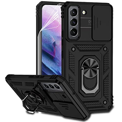 for Samsung Galaxy S22 Case with Camera Lens Cover HD Screen Protector, Dual Layer Military-Grade Drop Tested Magnetic Ring Holder Kickstand Protective Phone Case for Samsung Galaxy S22 5G (Black) - color: Black with camera cover Military-Grade 2nd gen