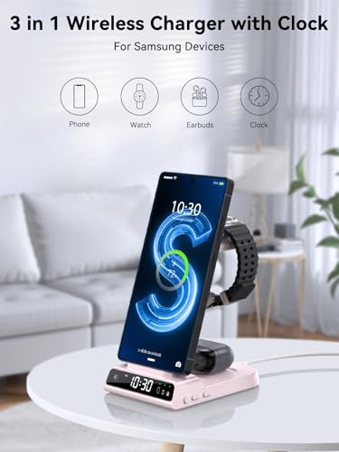 Wireless Charger for Samsung S25 with Clock 3 in 1 Android Charging Station - color: Pink