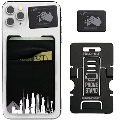 Gecko Travel Tech Double Pocket - Adhesive Card Holder - Cell Phone Pouch - Stick on Spandex Pocket - Carry Credit Cards and Cash (Cityscape) - color: CITYSCAPE