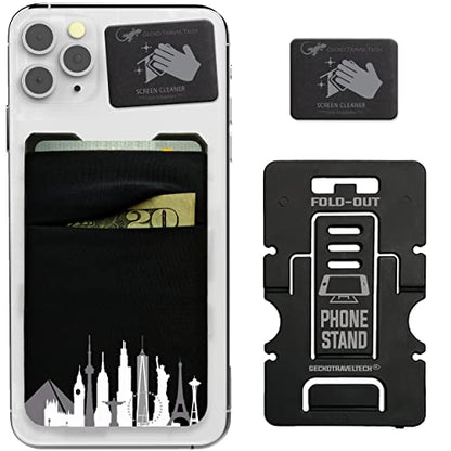 Gecko Travel Tech Double Pocket - Adhesive Card Holder - Cell Phone Pouch - Stick on Spandex Pocket - Carry Credit Cards and Cash (Cityscape) - color: CITYSCAPE