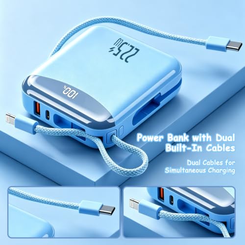 10000mAh Portable Charger with Built-in USB-C & Light-ning Cables, 22.5W Fast Charging Power Bank, Travel Battery Pack with LED Display for iPhone Samsung Android – Flight Approved - color: Cyan