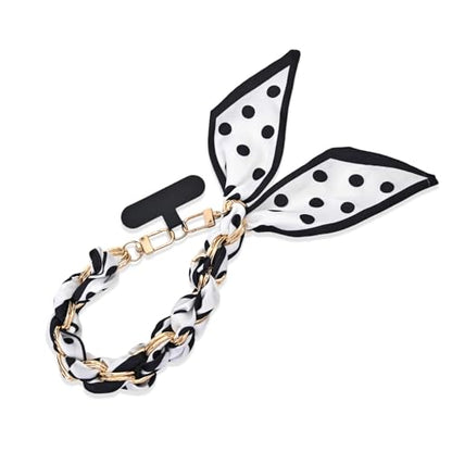 Phone Wrist Strap with Gold Metal Scarf and Universal Tether Tab, Aesthetic Print Design Ribbon Chain, Multi-Purpose Accessories for Bag Key Cellphone for Men Women Girls-Black Polka Dot - color: Black Polka Dot