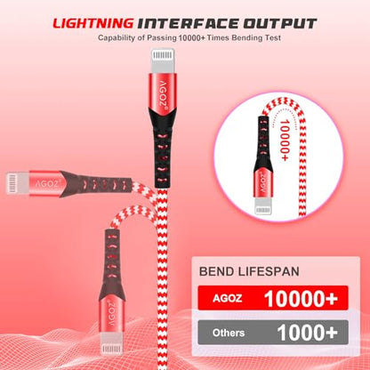 AGOZ 2 Pack RED Apple MFI Certified Lightning to USB C Cable, Braided Fast Charger Cord Compatible with iPhone 14 Pro Max, 14 Plus, 13, 12, 13 Mini iPhone SE, iPhone 11 XR X XS 8 7 6 5 (10ft)