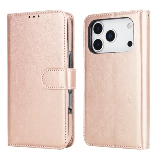 Bocasal Detachable Wallet Case Card Holder for iPhone 17 Pro, Rose Gold | RFID Blocking Kickstand Card Slots Holder PU Leather Magnetic Shockproof Wrist Strap Removable Flip Protective Cover 6.3 inch - color: Rose Gold