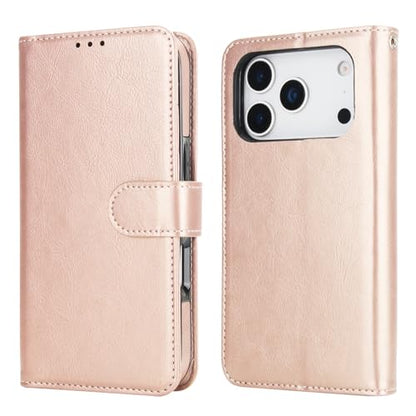 Bocasal Detachable Wallet Case Card Holder for iPhone 17 Pro, Rose Gold | RFID Blocking Kickstand Card Slots Holder PU Leather Magnetic Shockproof Wrist Strap Removable Flip Protective Cover 6.3 inch - color: Rose Gold