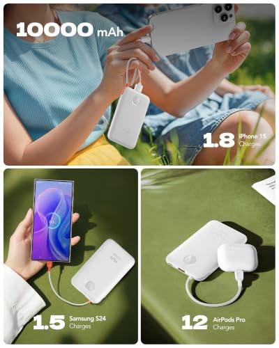 VIYISI 0.58” Slim Portable Charger Small 10000mAh with Built-in USB C Cable - color: White