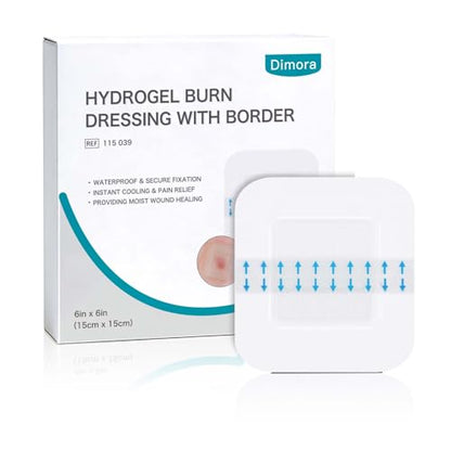 Dimora Hydrogel Burn Pads with Border 6" x 6" (4" x 4" Pad) – Sterile Burn & Wound Dressing with Instant Cooling Relief for Minor Burns, Cuts & Abrasions, Soothing Moist Waterproof Bandages (5 Count) - size: 6" x 6" (4" x 4" Pad)-5 Count