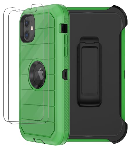 for iPhone 11 Case with Belt Clip Holster, 2 x Screen Protector, [Military Grade] Heavy Duty Full Body Shockproof Dust-Proof Drop Proof Rugged Protective Cover for Apple iPhone 11 (Green Black B) - color: Green B