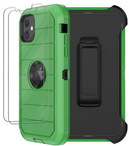 for iPhone 11 Case with Belt Clip Holster, 2 x Screen Protector, [Military Grade] Heavy Duty Full Body Shockproof Dust-Proof Drop Proof Rugged Protective Cover for Apple iPhone 11 (Green Black B) - color: Green B