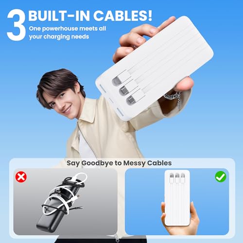 Portable Charger 50800mAh Power Bank with 3 Built in Cables,25W PD QC4.0 Fast Charging USB C Battery Pack,6 Outputs 2 Inputs Travel Essentials Phone Charger for iPhone 18/17/16/15/Pro,Android,White - color: White
