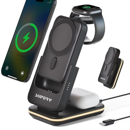 SUPERV 4 in 1 Wireless Charging Station: 5000mAh Removable Power Bank Foldable Charging Stand - Portable Magnetic Battery Pack for iPhone 17/16/15/14/13/12 Series and Apple Watch/AirPods (Black) - color: 4-in-1 Black