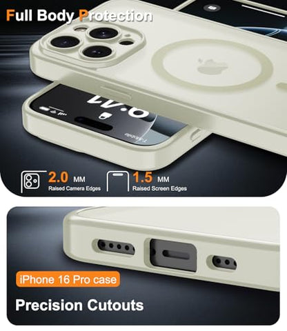 Magnetic Case for iPhone 16 Pro Case with Screen Protector+Wrist Strap | Compatible with MagSafe,Full Camera Protection,Slim Translucent Matte Phone Cover,White - color: White