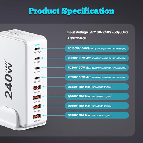 USB C Charger, 240W GaN 8 Port USB Fast Block, PD100W Multi-Port Charging Station, Power Adapter Plug for Samsung/iPhone/Google, Laptop Charger for MacBook Pro/Air - size: 240W-Sin
