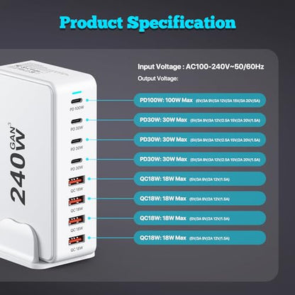 USB C Charger, 240W GaN 8 Port USB Fast Block, PD100W Multi-Port Charging Station, Power Adapter Plug for Samsung/iPhone/Google, Laptop Charger for MacBook Pro/Air - size: 240W-Sin