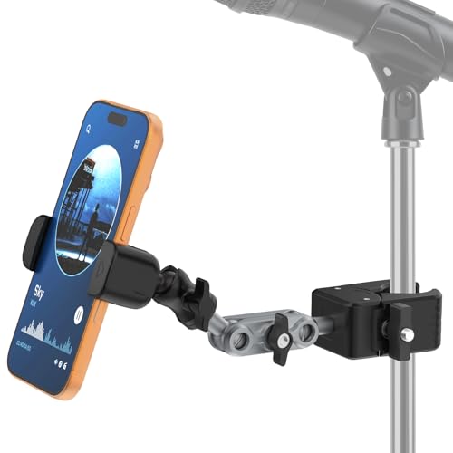 Mic Stand Phone Holder,2-Stage Magic Arm Super Clamp Phone Clip for Microphone Stand, Flexible Adjustable iPhone Music Stands Mount for iPhone17 16 15 14 13 12 11 Galaxy Nexus LG All Smartphones