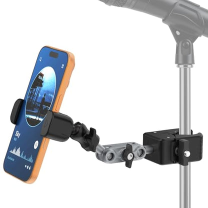 Mic Stand Phone Holder,2-Stage Magic Arm Super Clamp Phone Clip for Microphone Stand, Flexible Adjustable iPhone Music Stands Mount for iPhone17 16 15 14 13 12 11 Galaxy Nexus LG All Smartphones